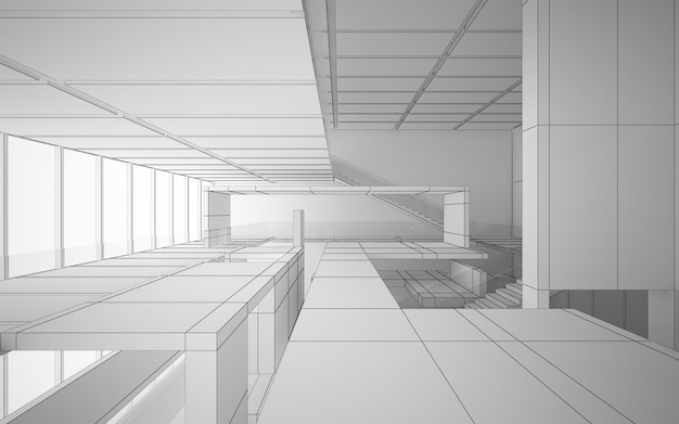 Abstract drawing white interior multilevel public space with window. Polygon black drawing. 3D