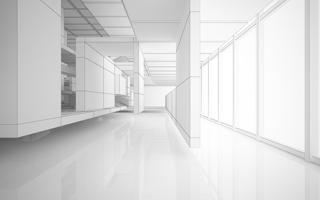 Abstract drawing white interior multilevel public space with window. Polygon black drawing. 3D