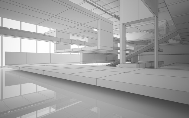 Abstract drawing white interior multilevel public space with window. Polygon black drawing. 3D