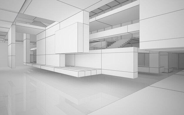 Abstract drawing white interior multilevel public space with window. Polygon black drawing. 3D