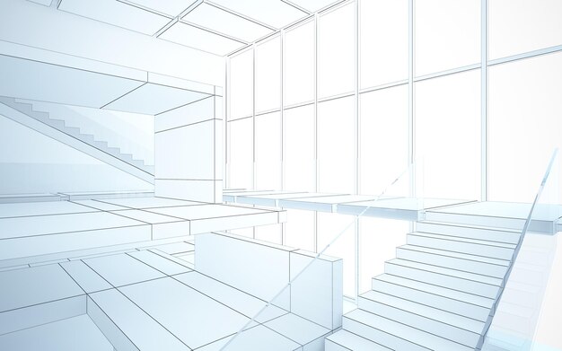 Abstract drawing white interior multilevel public space with window. Polygon black drawing. 3D