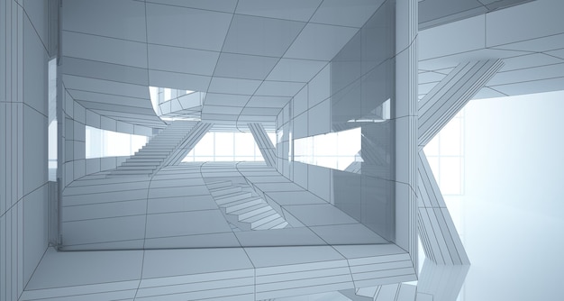 Abstract drawing white interior multilevel public space with window Polygon black drawing 3D