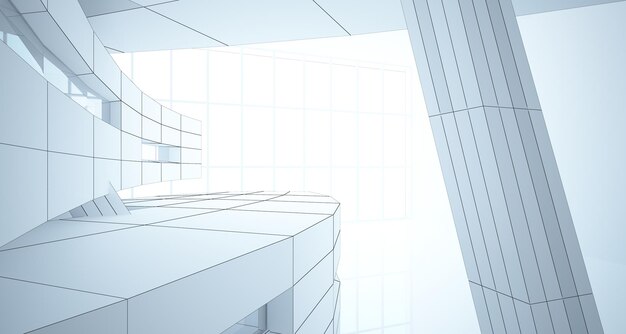 Abstract drawing white interior multilevel public space with window Polygon black drawing 3D