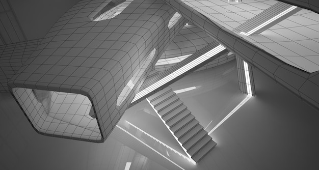 Abstract drawing white interior multilevel public space with window Polygon black drawing 3D