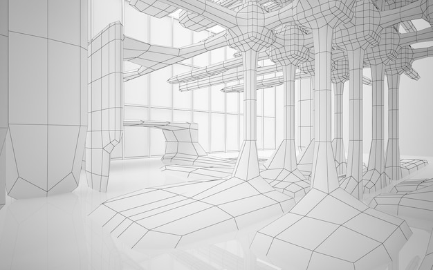 Abstract drawing white parametric interior Polygon black drawing 3D illustration and rendering