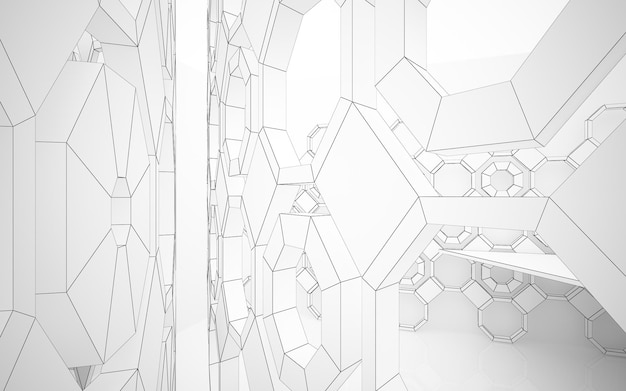 Abstract drawing white parametric interior. Polygon black drawing. 3D illustration and rendering.