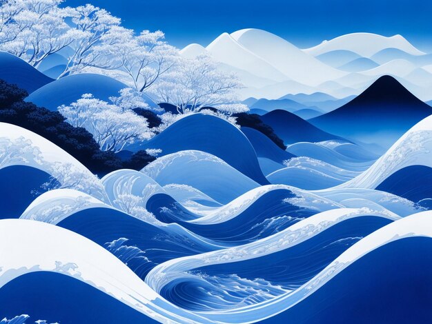 魅力的な青と白の波のパターンを持つ 抽象的な夢のような風景