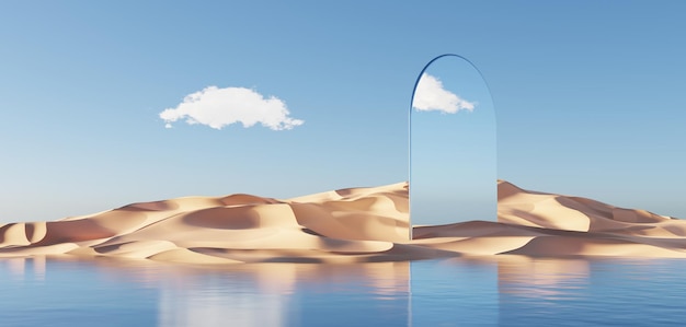 금속 아치와 깨끗한 푸른 하늘이 있는 추상 사구 절벽 모래 초현실적인 최소한의 사막 자연 경관 배경 광택 금속 아치 기하학적 디자인 3D 렌더가 있는 사막 장면