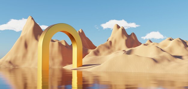 Abstract Dune cliff sand with metallic Arches and clean blue sky Surreal minimal Desert natural landscape background Scene of Desert with glossy metallic arches geometric design 3D Render