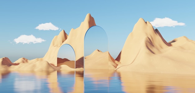 Abstract Dune cliff sand with metallic Arches and clean blue sky Surreal minimal Desert natural landscape background Scene of Desert with glossy metallic arches geometric design 3D Render