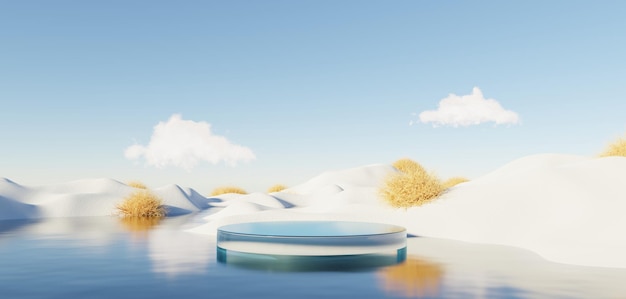 Abstract Dune in winter season landscape with podium platform Surreal Beautiful Dream land background Relax and Clam island scene with water and natural clear sky Metallic mirror arch 3d render