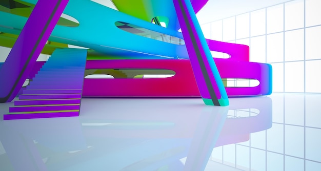 Abstract dynamic interior with colored gradient smooth objects 3d illustration and rendering