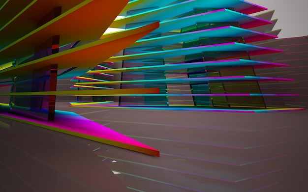 色付きのオブジェクトを使用した抽象的なダイナミックなインテリア。 3D イラストとレンダリング