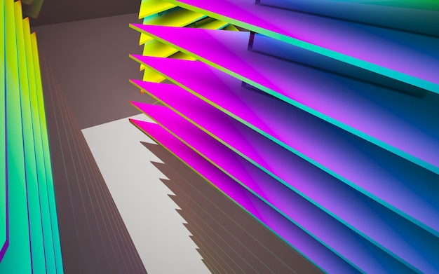 색상이 있는 개체가 있는 추상적이고 역동적인 내부. 3D 일러스트레이션 및 렌더링