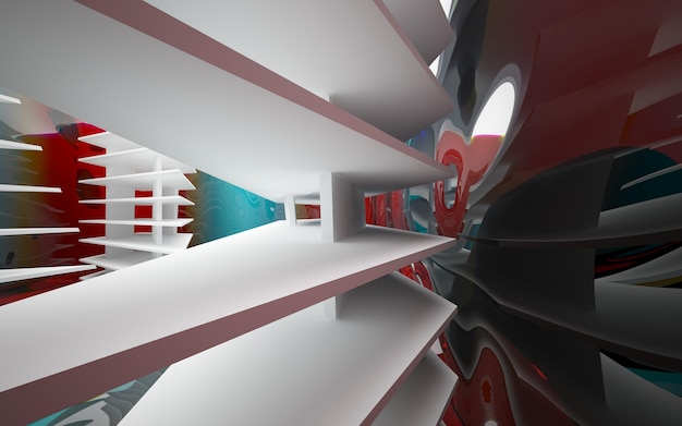 Abstract dynamic interior with colored objects. 3D illustration and rendering