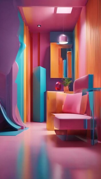 Abstract dynamic interior with colored objects 3d illustration and rendering