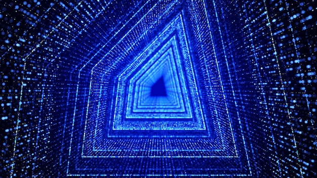 Abstract dynamic wireframe tunnel on blue background Futuristic 3D portal Futuristic particle flow 3d rendering