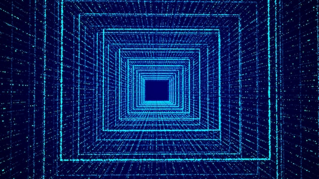 Abstract dynamic wireframe tunnel on blue background futuristic 3d portal futuristic particle flow 3d rendering