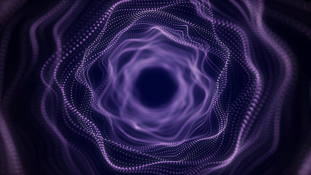 アブストラクト・ダイナミック・ワイヤフレーム・トンネル - 紫の背景に深い波状のワームホール - 未来的な粒子の流れ - 3Dレンダリング