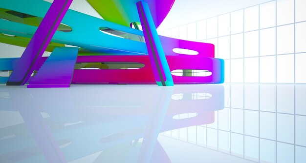 Abstract dynamisch interieur met gekleurde gradiënt vloeiende objecten 3D illustratie en weergave