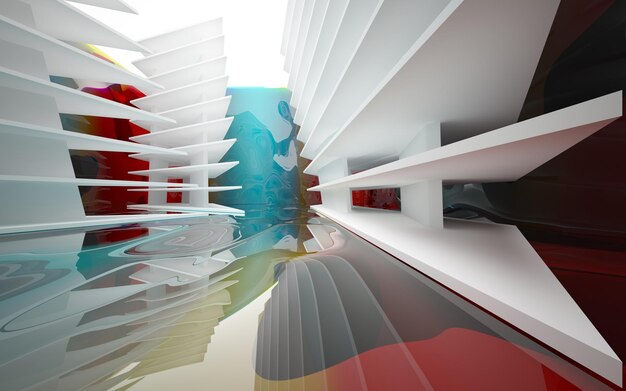 Abstract dynamisch interieur met gekleurde objecten. 3D illustratie en weergave