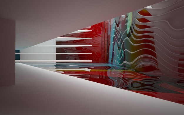 Foto abstract dynamisch interieur met gekleurde objecten. 3d illustratie en weergave