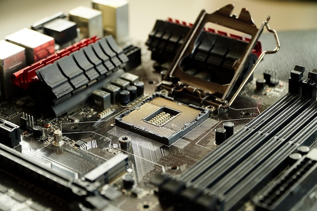 Abstract of electronic engineer of computer technologycomputer technician upgrading computer hardware motherboard cpu by placing CPU on computer motherboard socket
