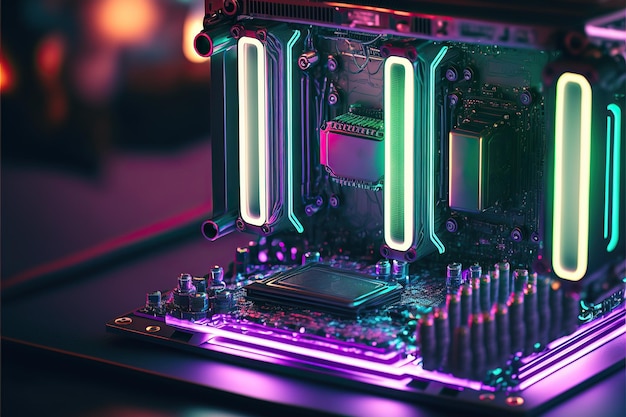 Abstract Electronic modern motherboard Gaming PC with RGB LED lights,Generative AI