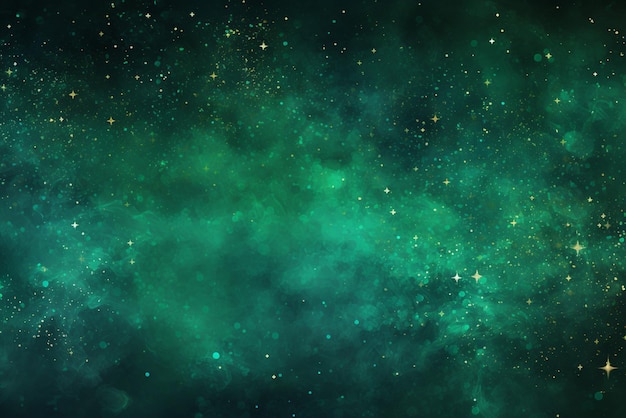 an abstract emerald green background with glowing lights and shiny stars