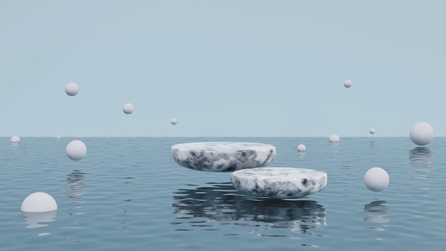 Abstract empty marble product display levitating in the midair 3D rendering