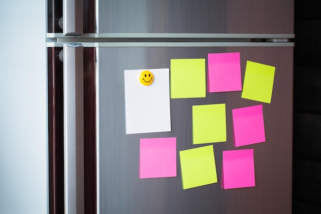 abstract empty paper sheet on refrigerator door magnetic clip on paper note for add text