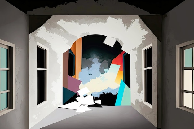 Abstract empty room with art paper collage created with generative ai