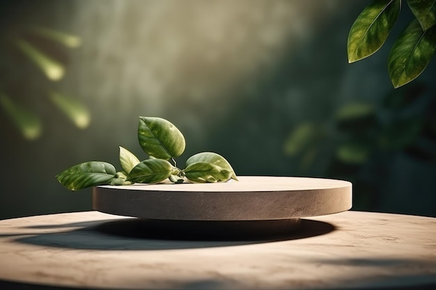 Photo abstract empty stone podium with leaves on green background