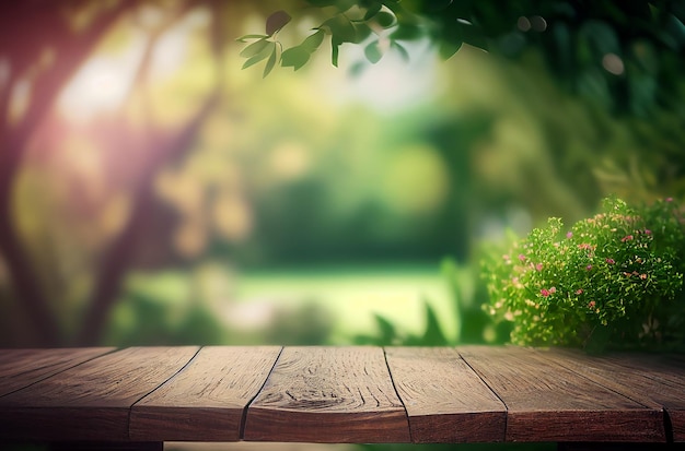 Abstract empty wooden desk tabletop with copy space over spring and summer blurred background display for product montage Generative Ai