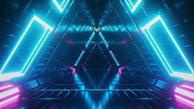 Abstract endless flight in a futuristic geometric metal corridor