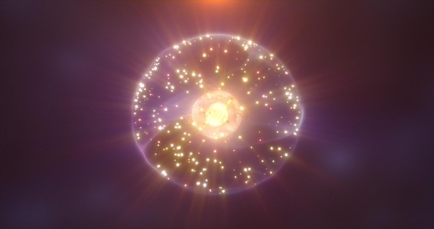 Abstract energy sphere with flying glowing yellow bright particles science futuristic atom