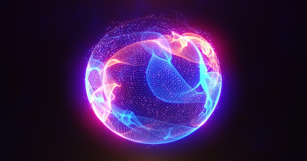 写真 未来的なエネルギー科学から輝く明るい粒子原子を持つ抽象的なエネルギー球