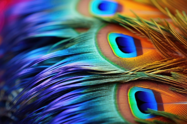 Abstract exotic bird with blurred multicolored macro peacock feathers