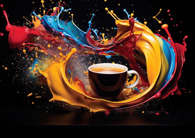 An abstract expressionist interpretation of coffee with vibrant splashes of primary colors