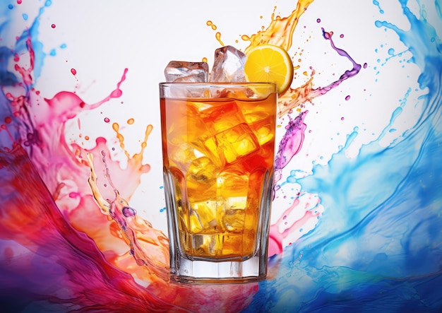 An abstract expressionistinspired image of a highland fizz cocktail with vibrant swirls of primary