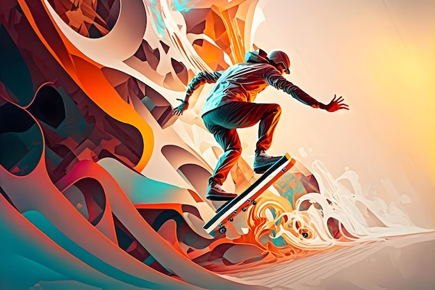 Abstract extreme sports lover performs leap into infinity with fictional skateboard or snowboard neural network generated art