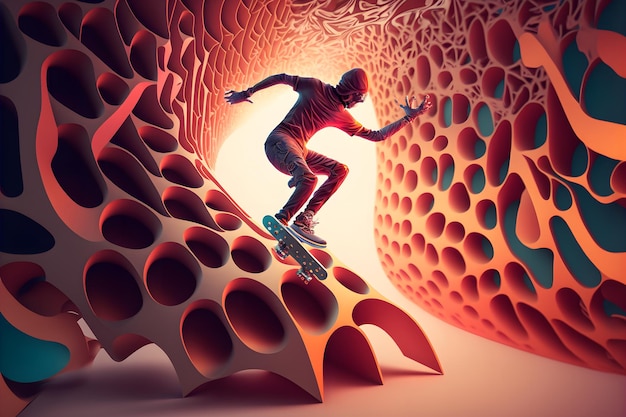 Abstract extreme sports lover performs leap into infinity with fictional skateboard or snowboard Neural network generated art