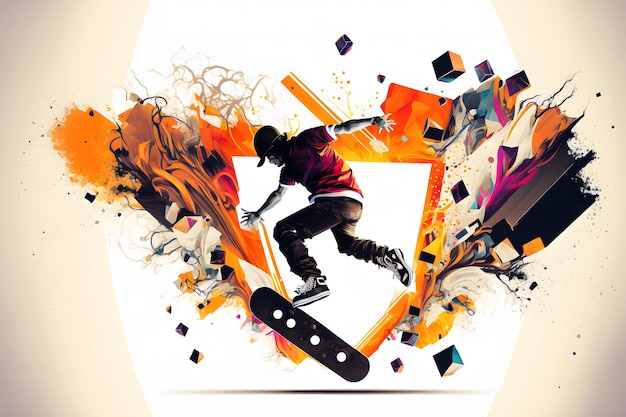 Abstract extreme sports lover performs leap into infinity with fictional skateboard or snowboard Neural network generated art