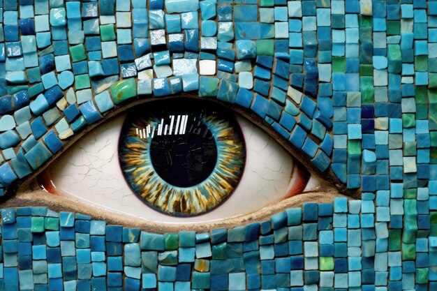 Photo abstract eye mosaic made of blue tiles and looking at camera close up aig