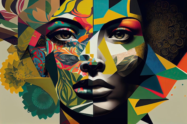 Abstract face collage with bold colors and unique patterns