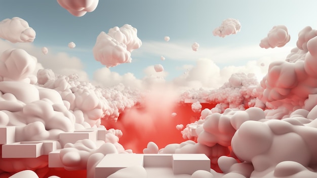 abstract fantasy background Flying realistic clouds Red square hole on the white wall