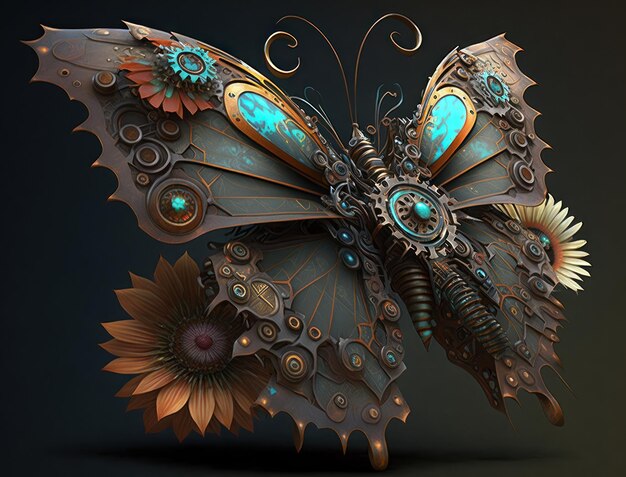 Abstract fantasy colorful mechanical butterfly background created with Generative AI technology