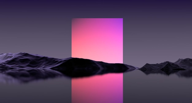 abstract fantasy landscape neon square on the horizon of mountains in the reflection of water glowing pink square neon nature 3d render
