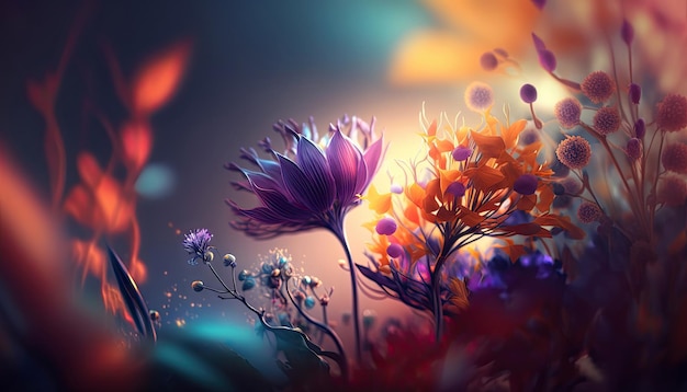 抽象的なファンタジー ワンダーランド スプリングの花がぼやけた背景に 花のジェネレーティブ AI の調味料