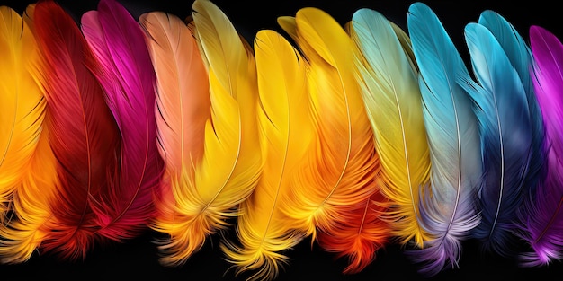 Abstract feather banner panorama wallpaper Colorful rainbow colors colored feathers isolated on black background